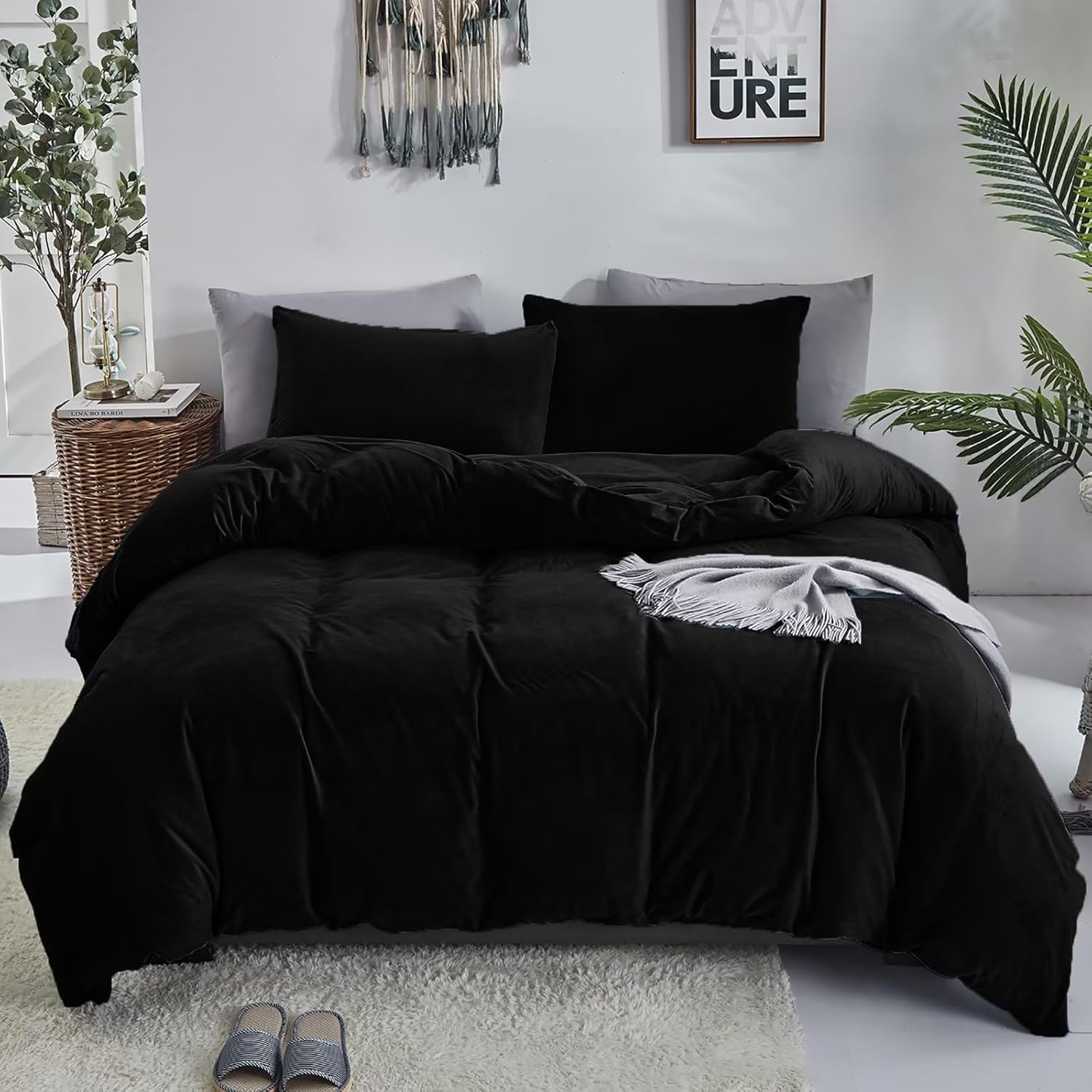 Luxlovery Black Velvet Comforter Set Queen for Cozy Nights
