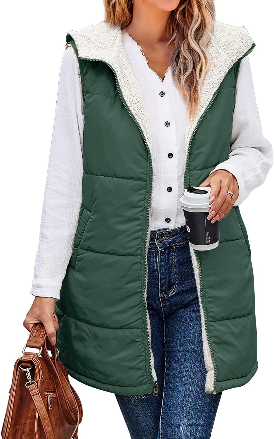 XIEERDUO Long Puffer Vest for Women - Reversible Warm Outerwear