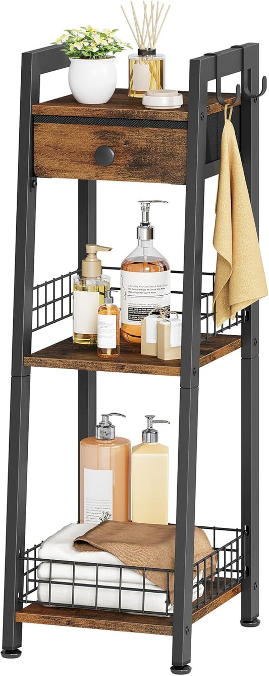 3-Tier Narrow Bathroom Ladder Shelf with Drawer for Storage