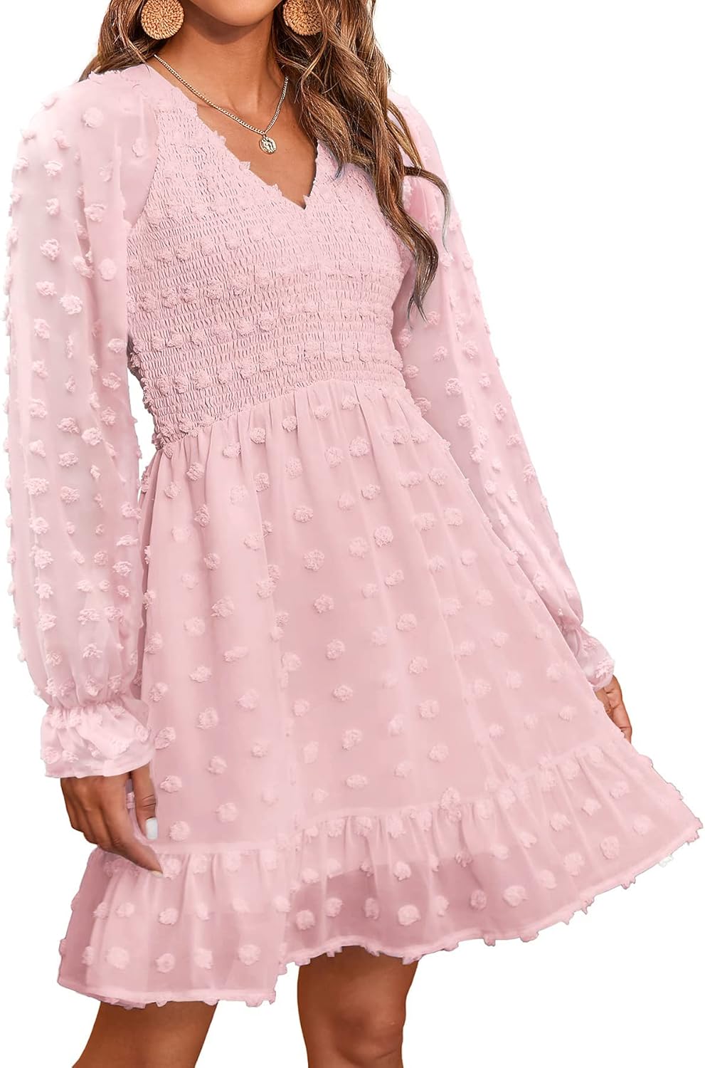 BTFBM Long Sleeve Fall Dresses for Women - Stylish V Neck Mini