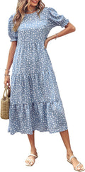 Summer Floral Boho Midi Sun Dress - Flowy Puff Sleeve Midi Weather