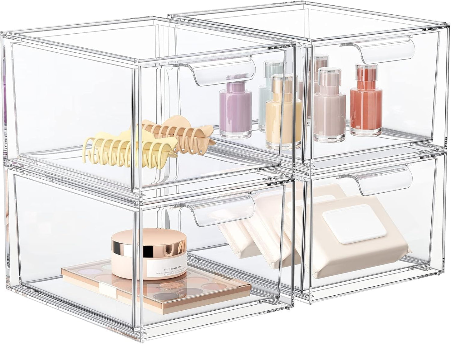 4 Pack Stackable Makeup Organizer for Clear Storage Solutions