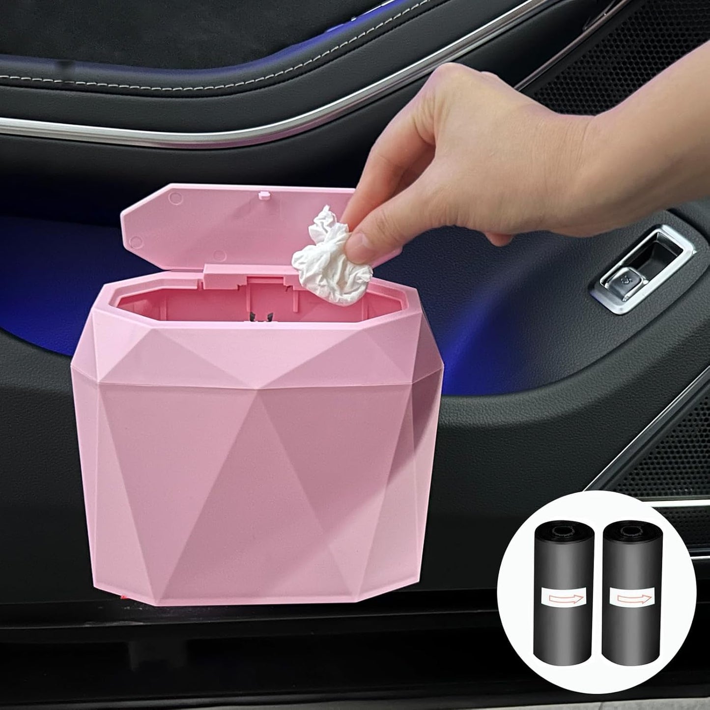 Pink Trash Can Bin with Leakproof Bags & Car/Home/Office Organizer