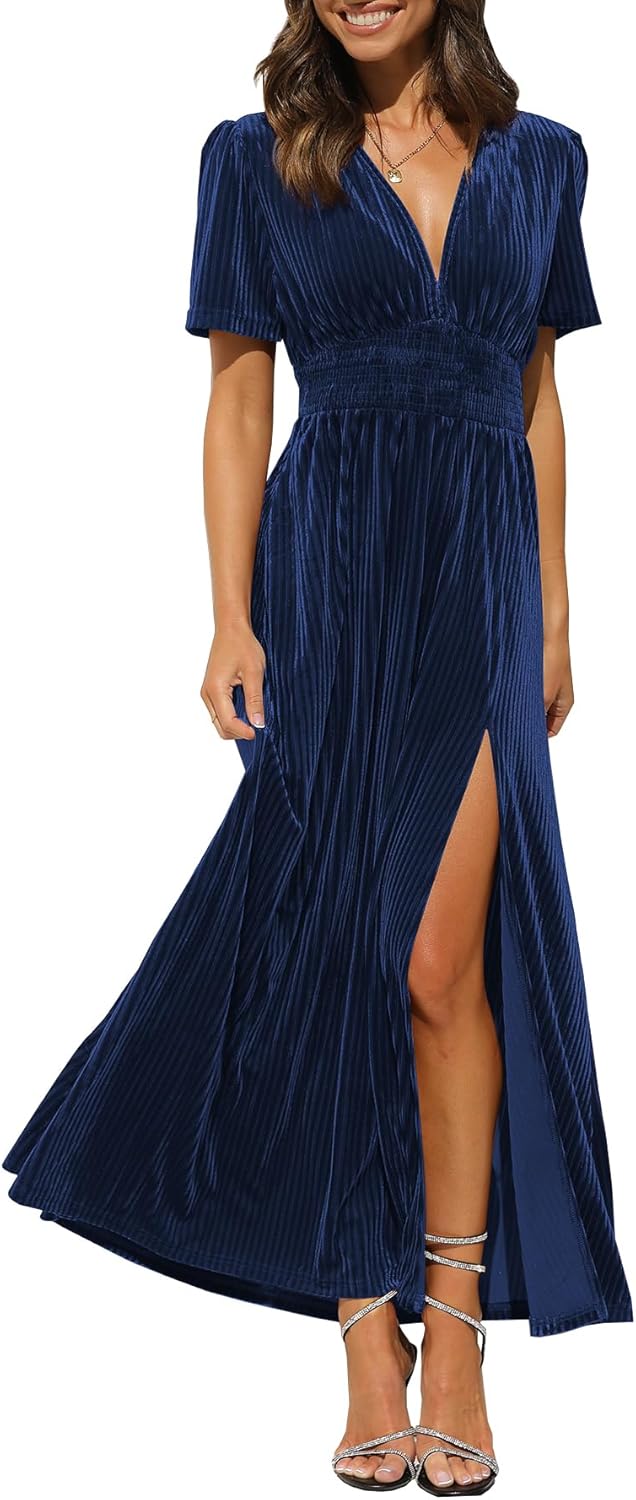 Sissyaki Women's Retro V-Neck Velvet Maxi Dress for Parties