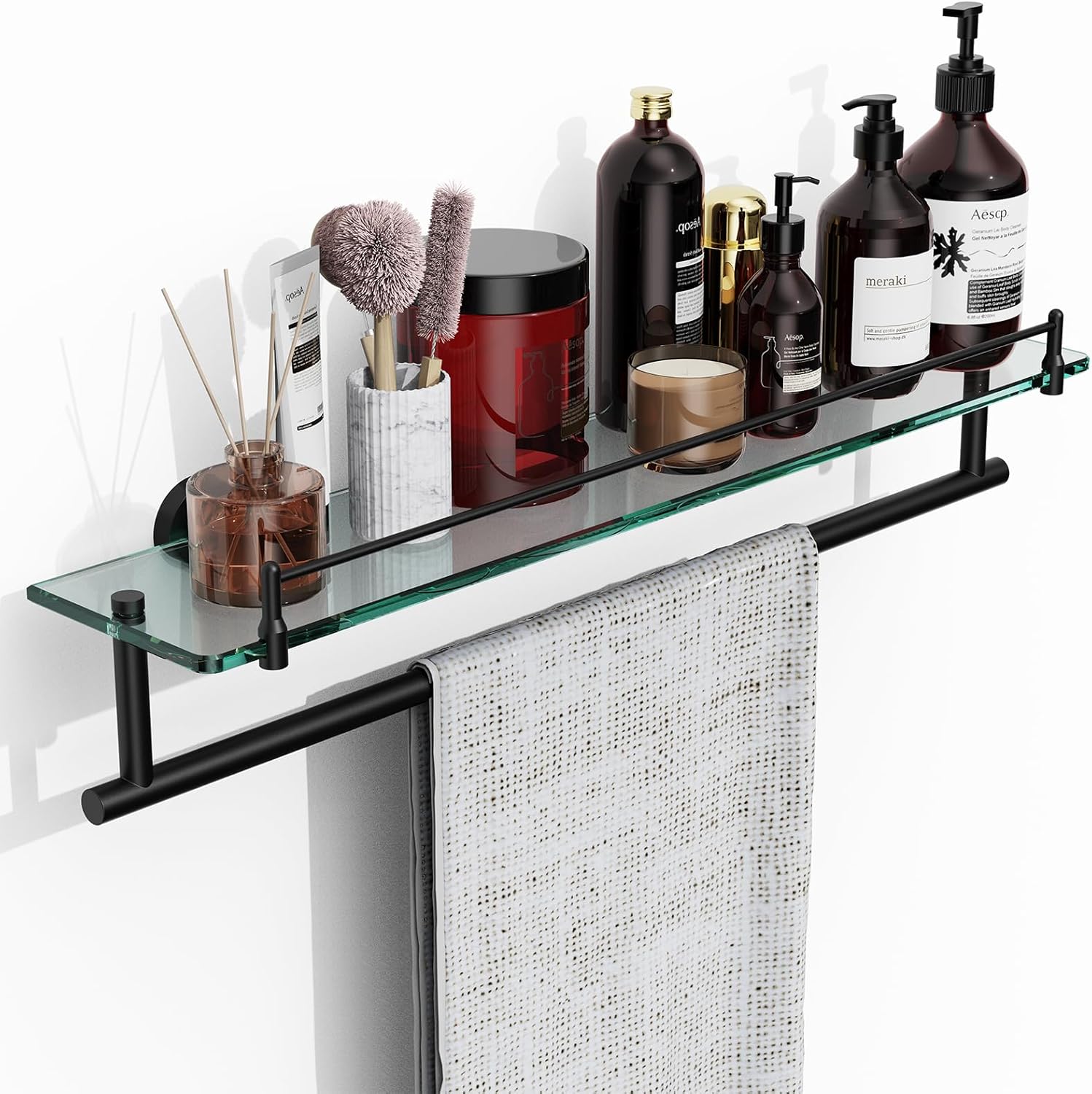 24-Inch Floating Tempered Glass Bathroom Shelf with Towel Bar