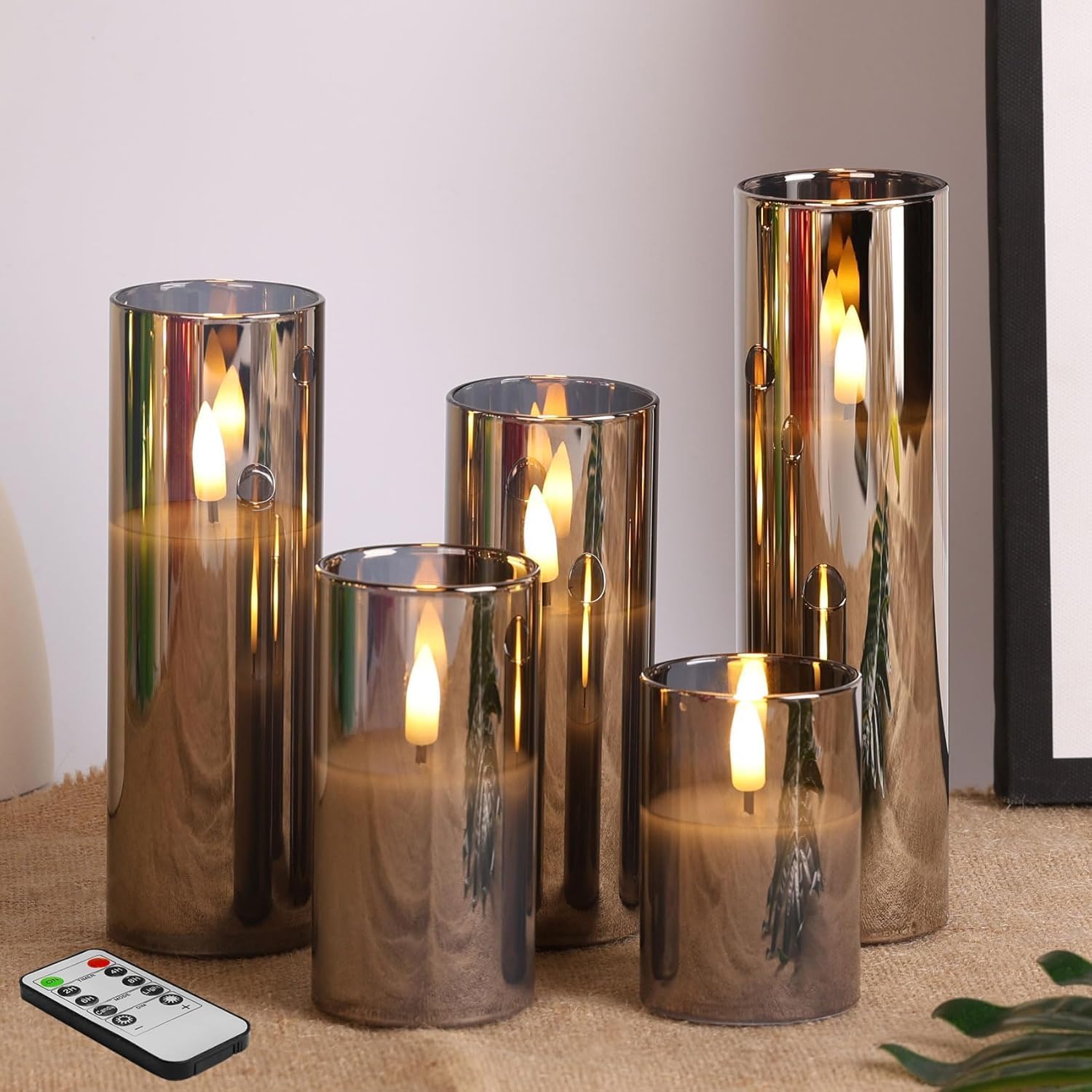 Eywamage 5 Pack Grey Glass Flameless Candles with Remote Control
