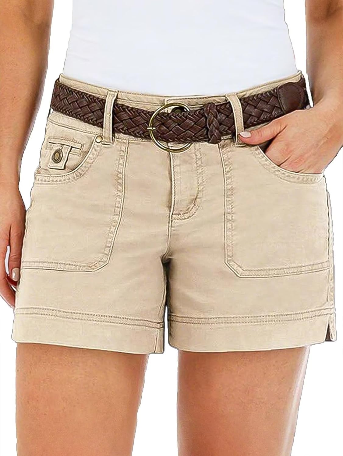 Flamingals Women's Mid Waist Casual Shorts with Flap Pockets