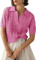 Women's Cable Short Sleeve Sweater Top - Soft V Neck Pullover