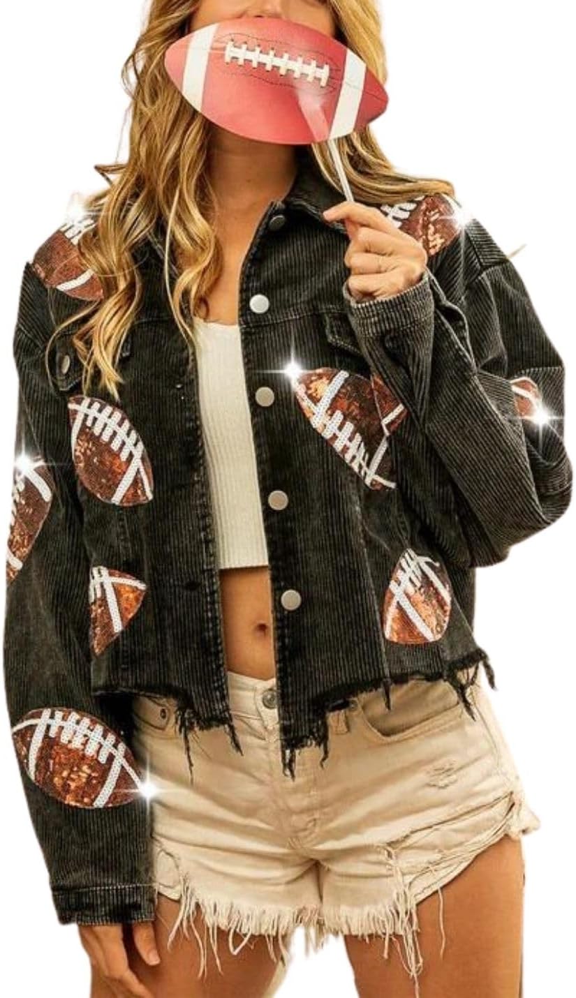 Football Sequin Embroidery Cropped Frayed Hem Jacket for Women