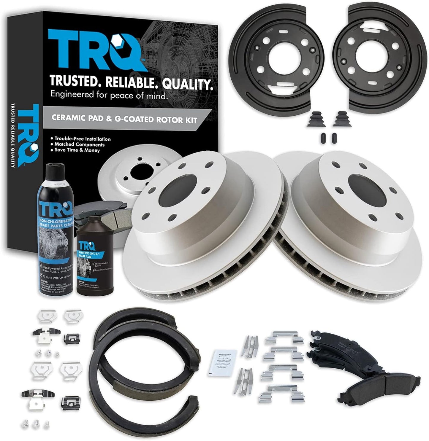 TRQ Rear Ceramic Pad Coated Rotor Parking Shoe & Backing Plates