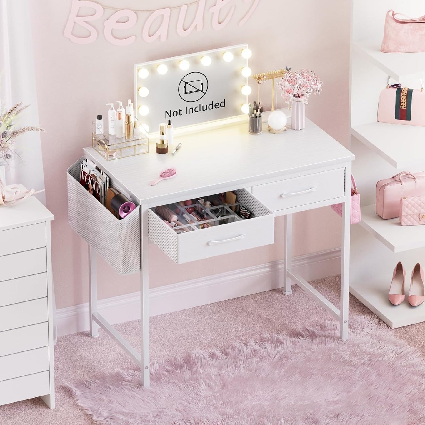 40 Inch Small White Desk with Drawers for Home Office Use