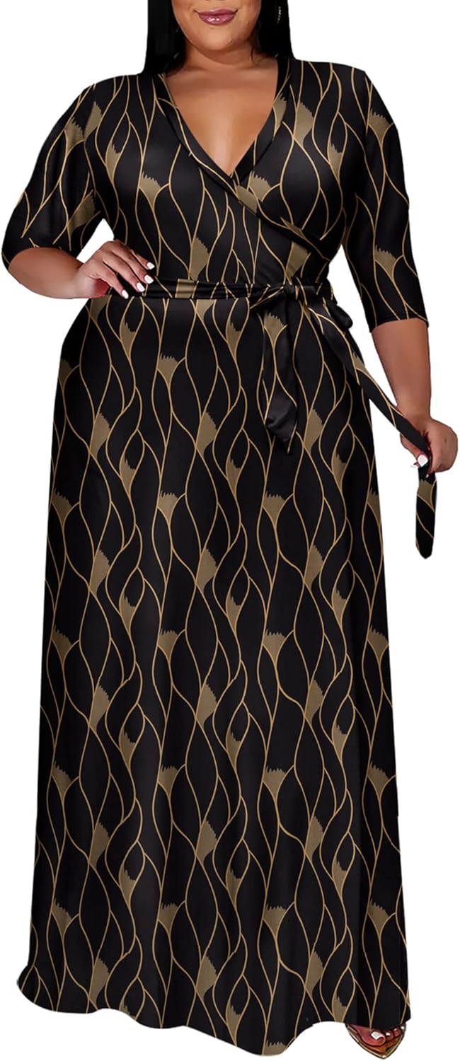 Runwind Plus Size Floral Maxi Dress for Women with Belt