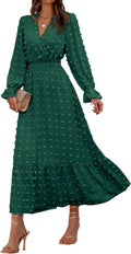 Women Fall Maxi Dress V Neck Swiss Dots - Flowy A-Line Ruffle