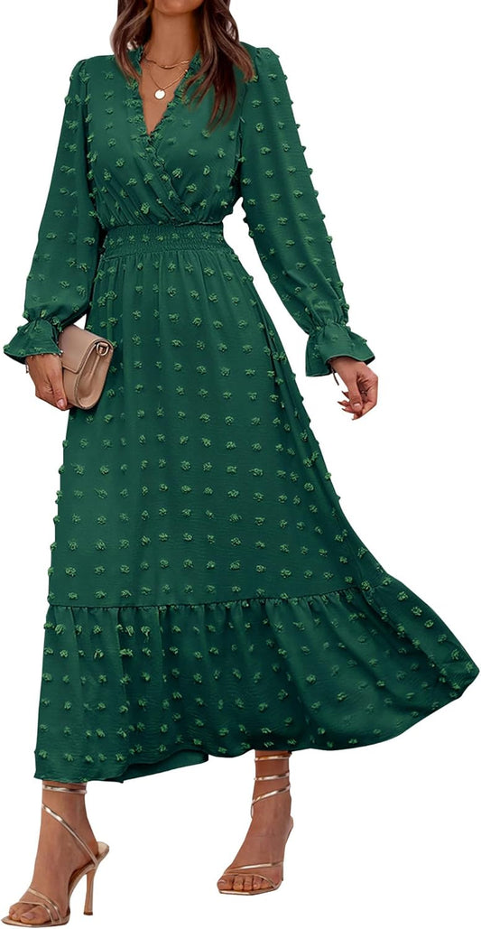 BTFBM Women Fall Maxi Dresses Long Sleeve V Neck Swiss Dots