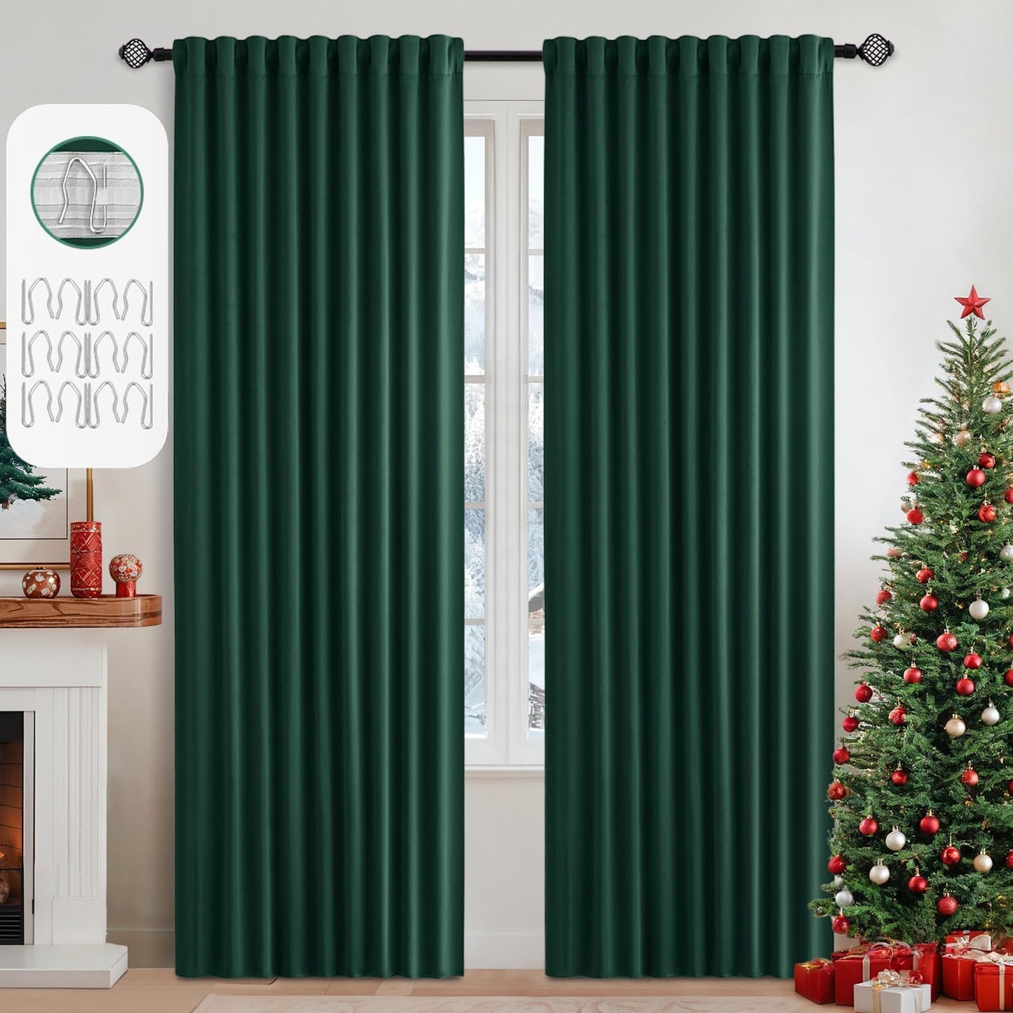 MIULEE Christmas Hunter Green Blackout Curtains 90 Inches Long