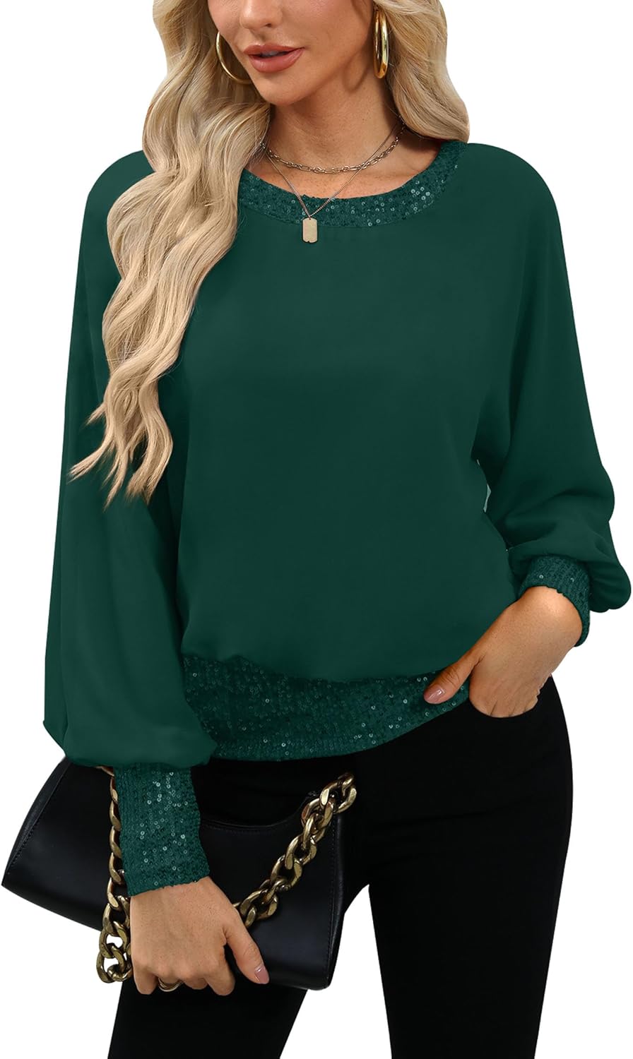 Chic Women's Fall Winter Chiffon Sequin Dolman Top Blouse