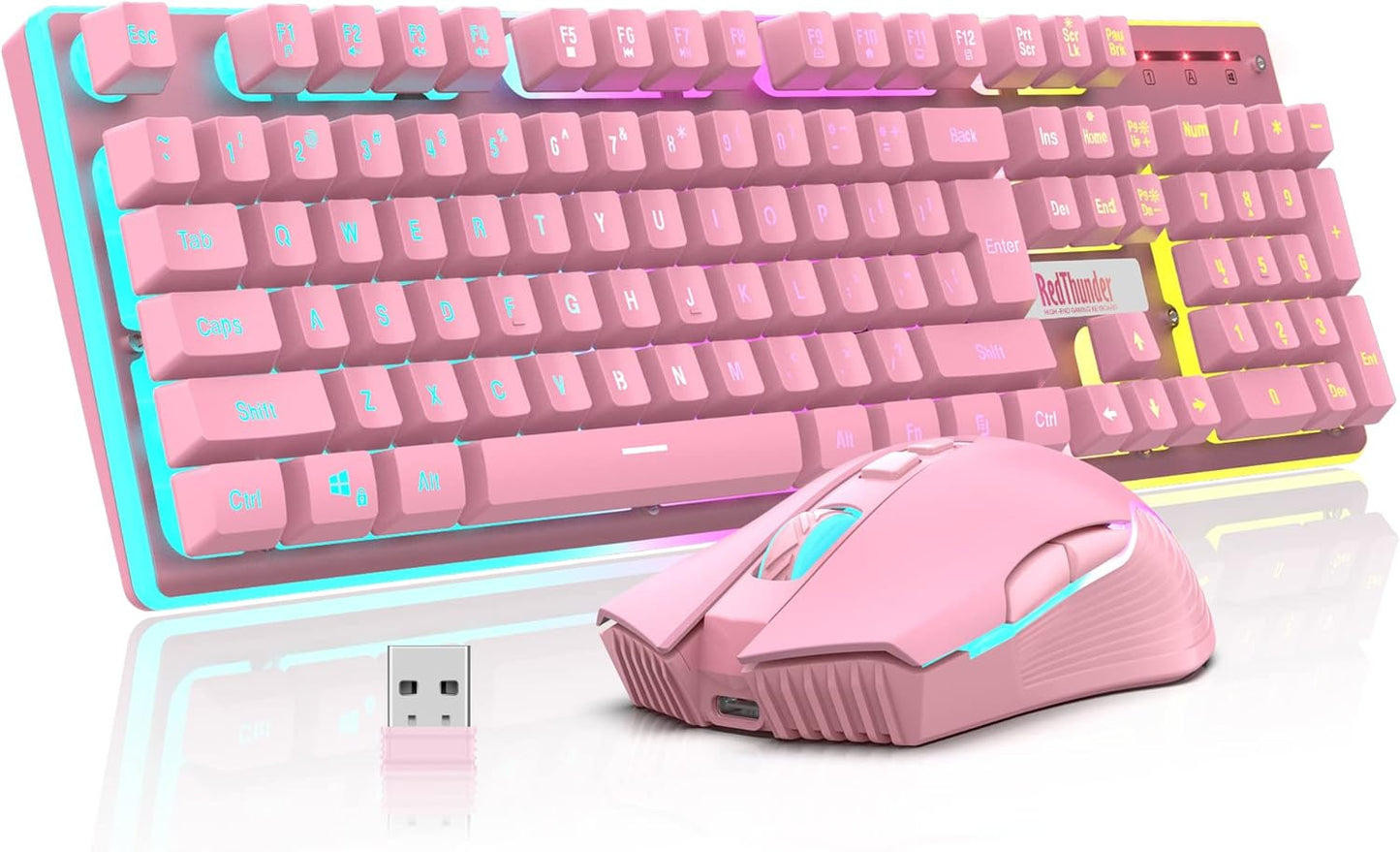 RedThunder K10 Gaming Combo: Backlit, Rechargeable, Anti-ghosting, 3200DPI (Pink)