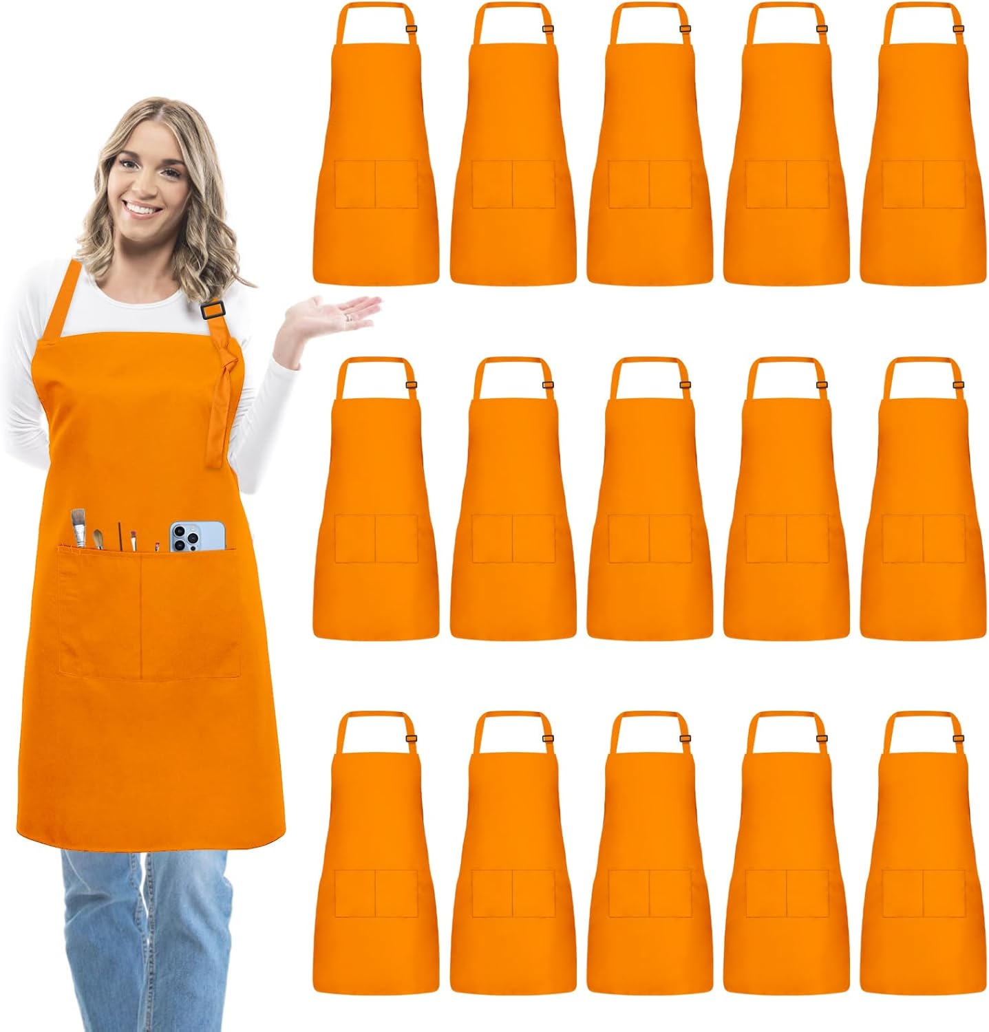 15 Pcs Adjustable Bib Chef Aprons with Pockets for Cooking