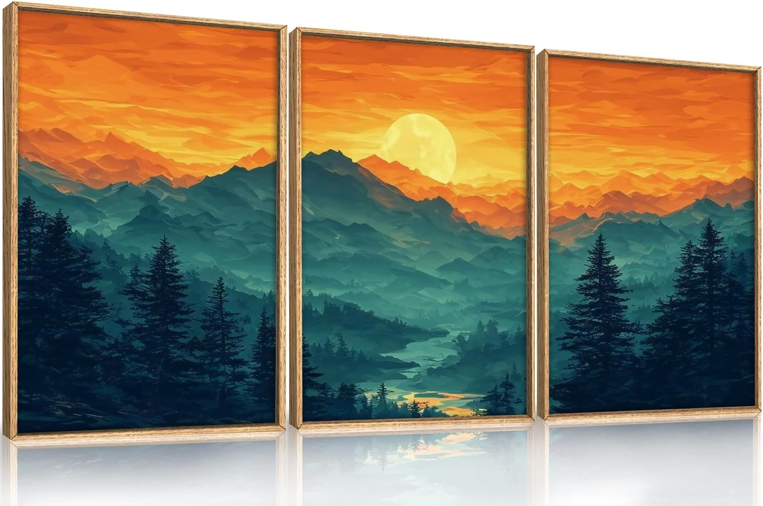 Large Sunrise Mountain Forest Landscape Canvas Wall Art Set