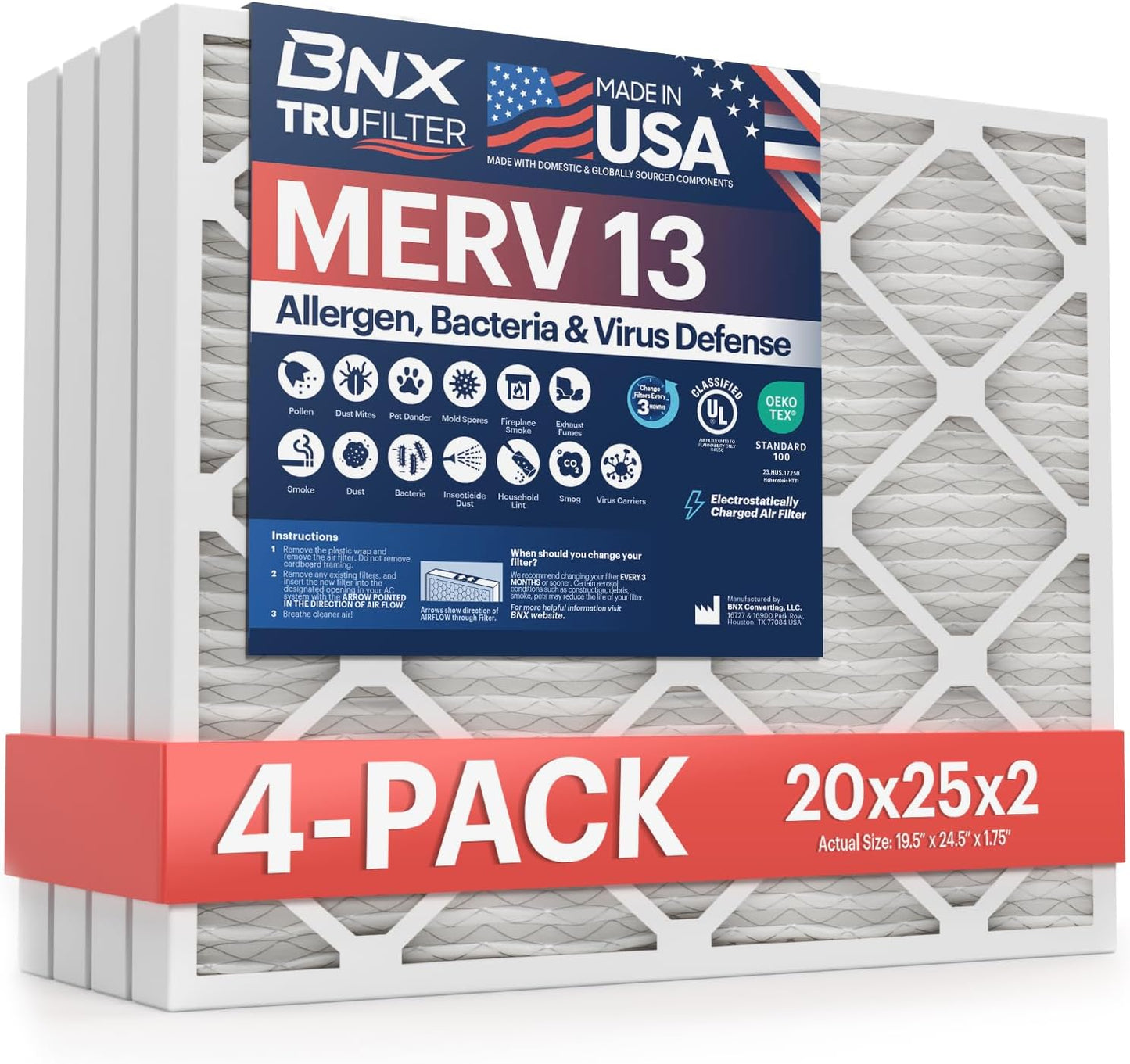 BNX TruFilter MERV 13 20x25x2 (4-Pack) - USA Made - Premium Allergen Defense