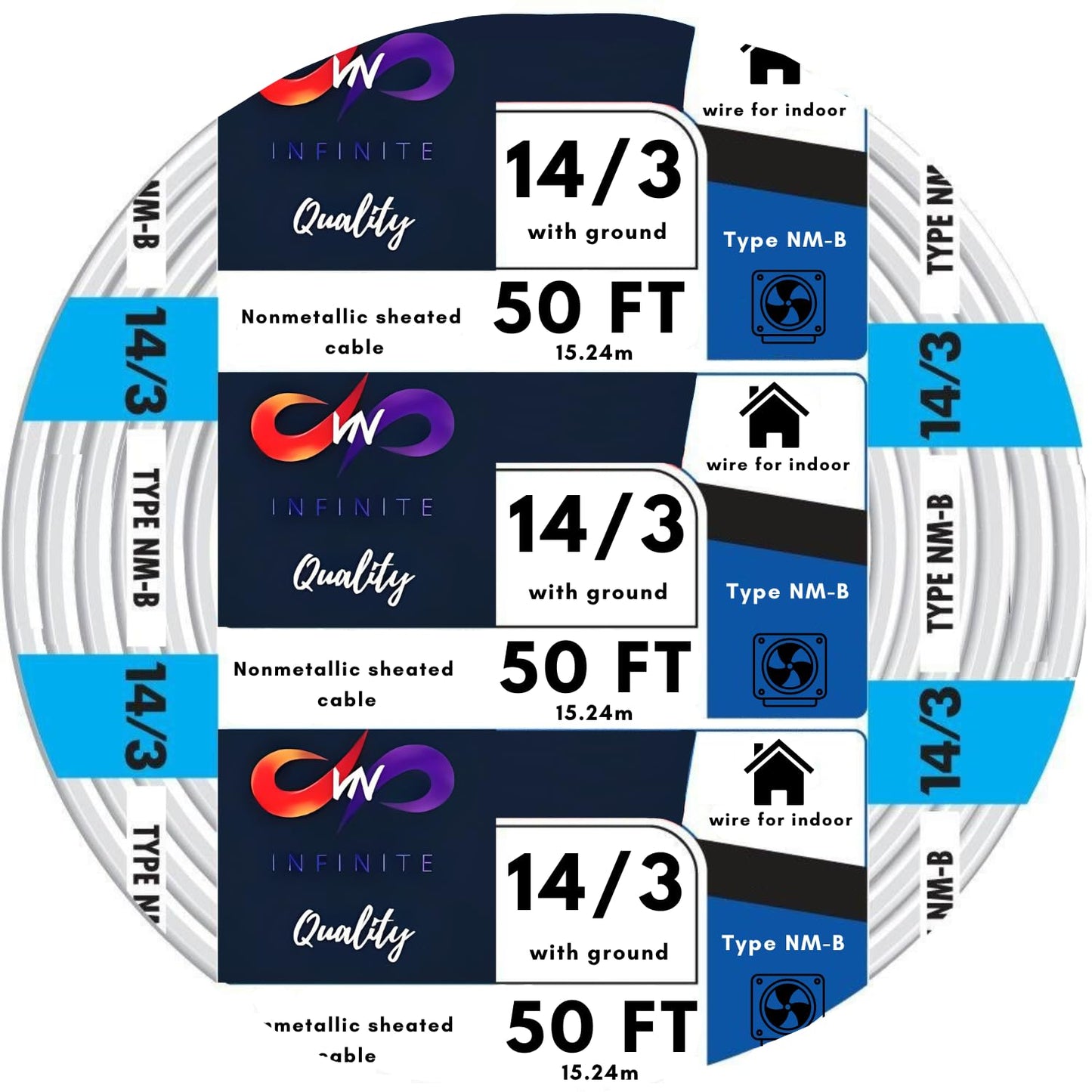 Solid Indoor Wire 14/3 W/G NMB Cable 50ft Coil for Easy Wiring