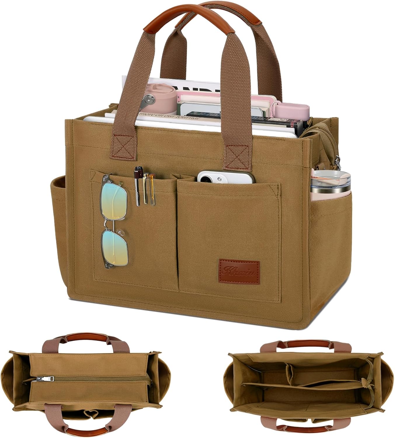 KKXIU Large Canvas Tote Bag with Zipper and Compartments