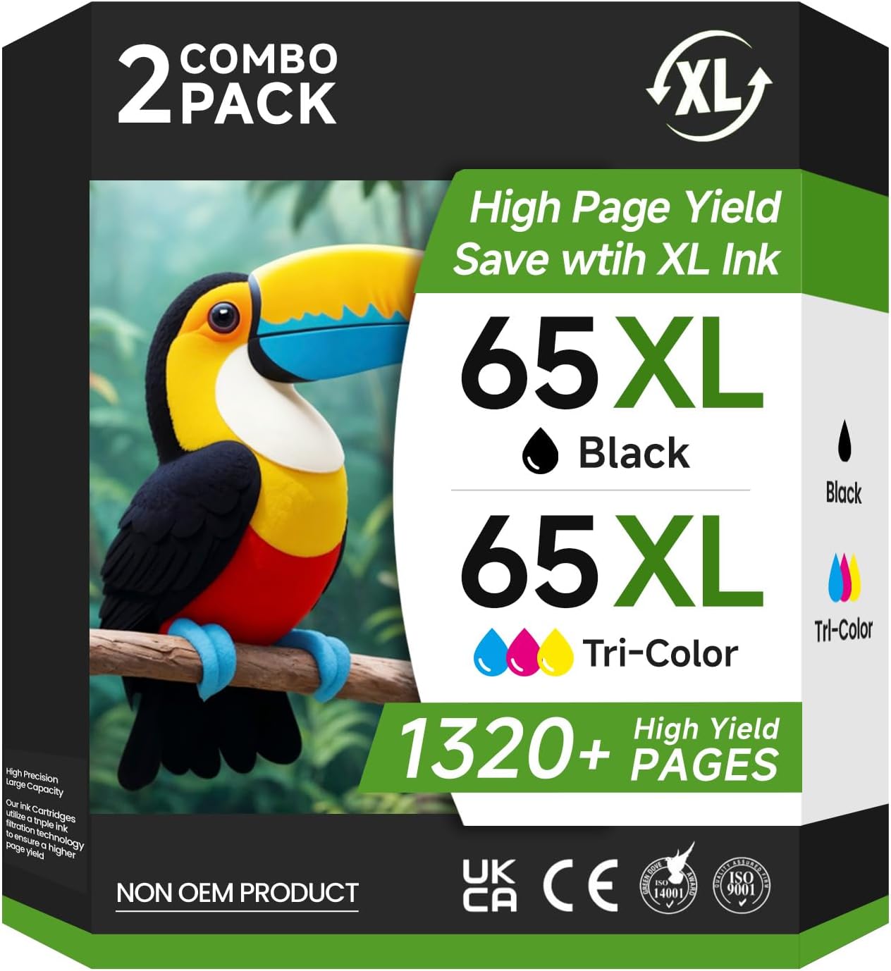 65XL Ink Cartridges for HP Printers - High Yield Combo Pack