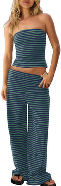Womens Striped Two Piece Set Summer Lounge Outfit - Tube Top & Pants