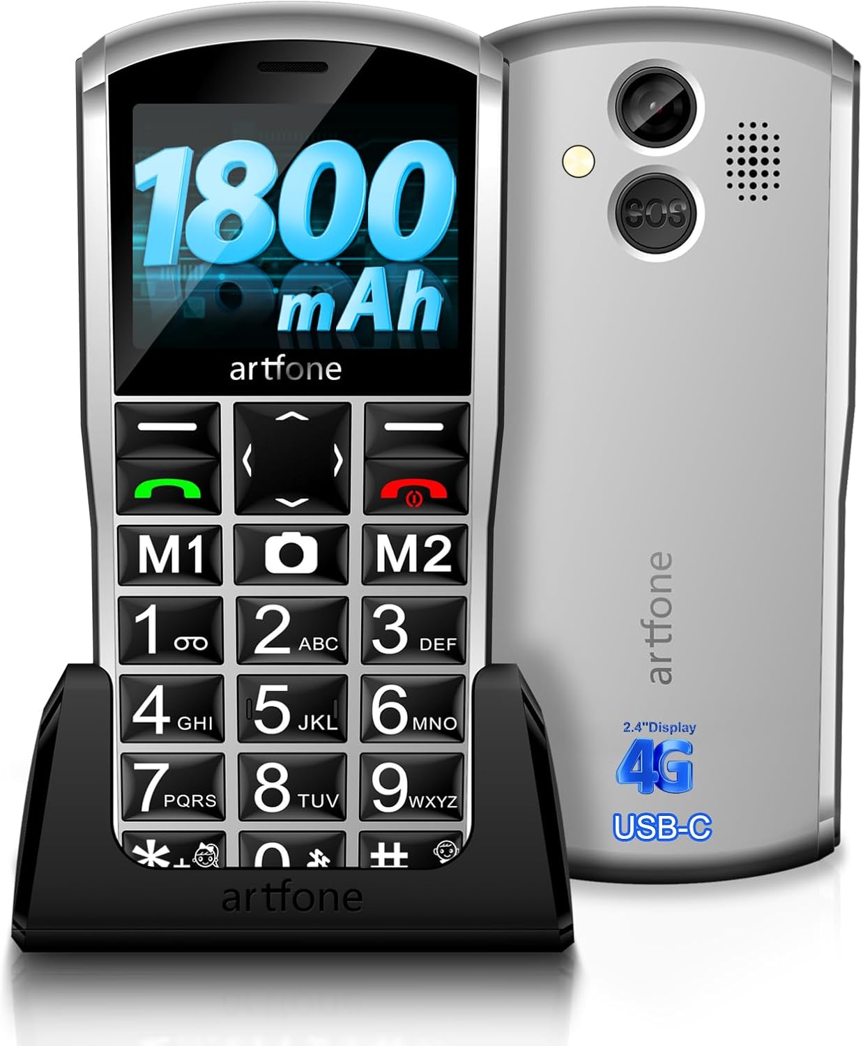 A400 Pro Silver - Large Button Cell Phone for Seniors with SOS