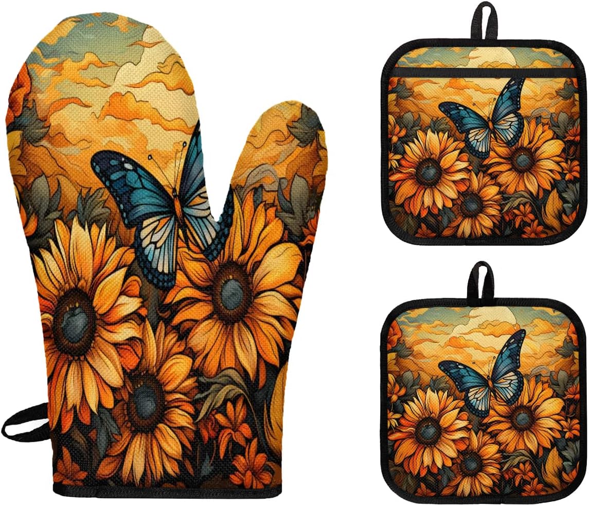Floral Butterfly Oven Mitts - Heat Resistant Set