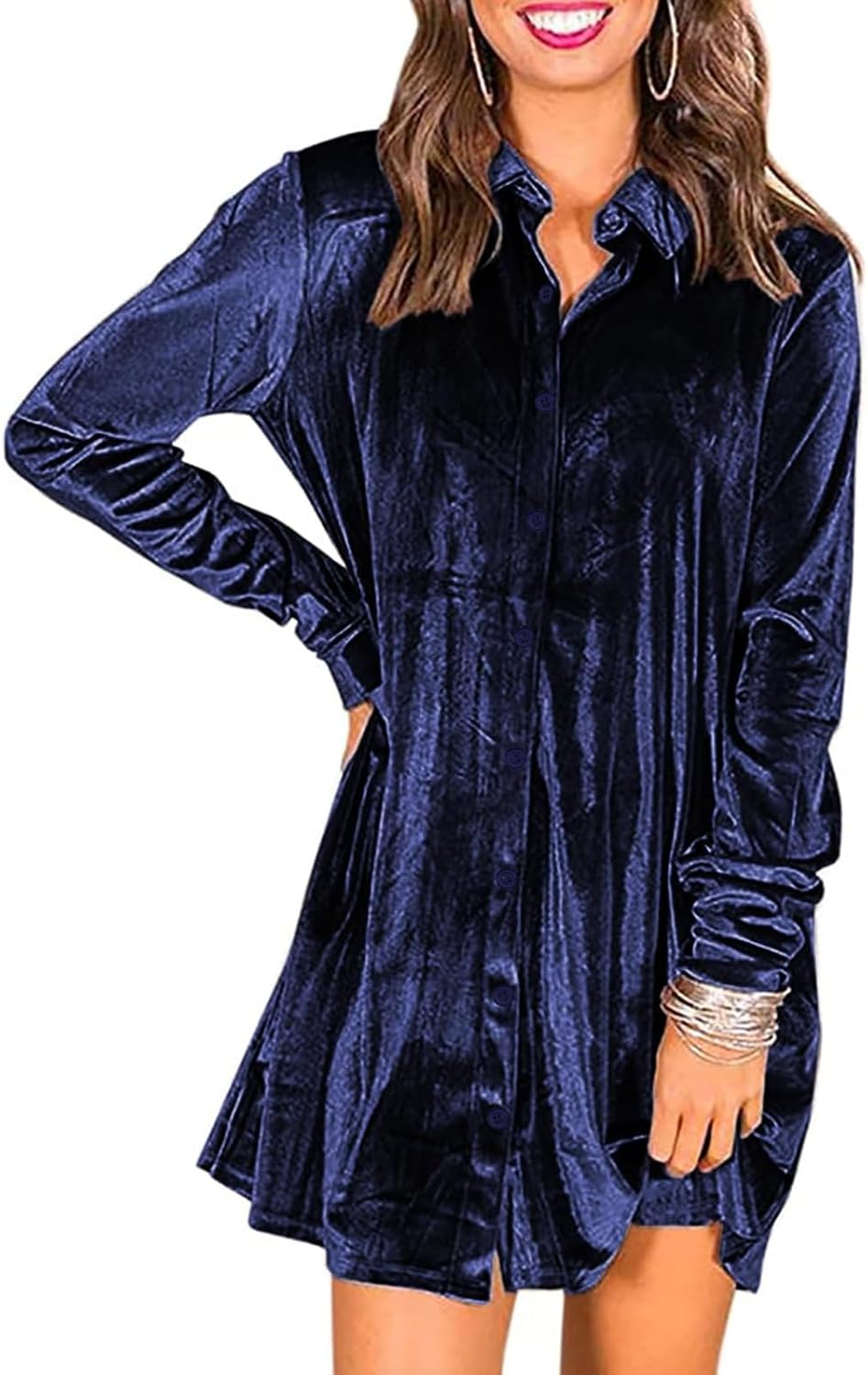 Ivay Women's Spring Button Down Velvet Tunic Dress with Pockets