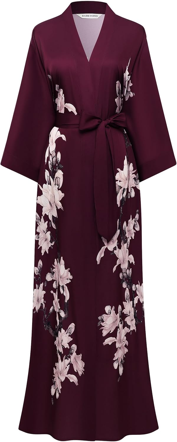 BABEYOND Kimono Robe Long Floral Satin Sleepwear for Women