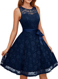 Floral Lace Dress for Women with Sheer Neckline - Short Bridesmaid