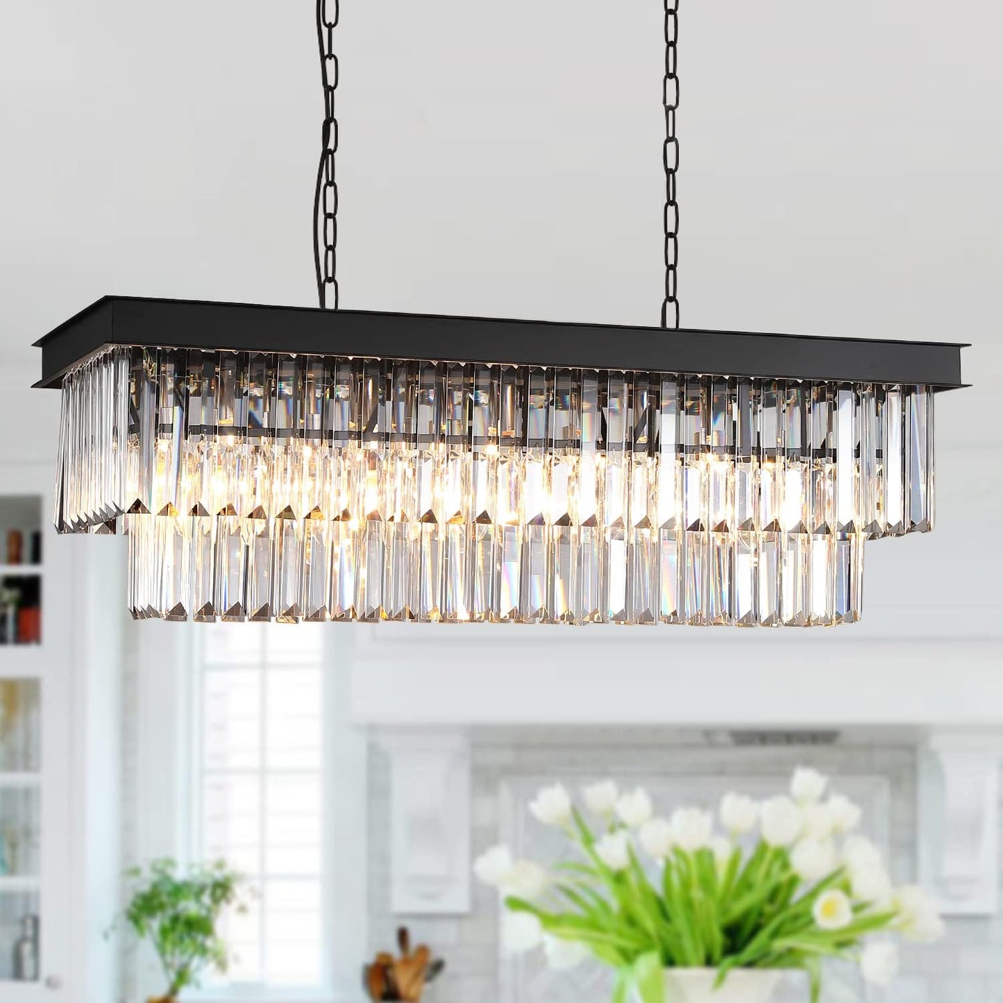 Crystal Chandelier for Dining Room - Elegant Rectangle Pendant Light