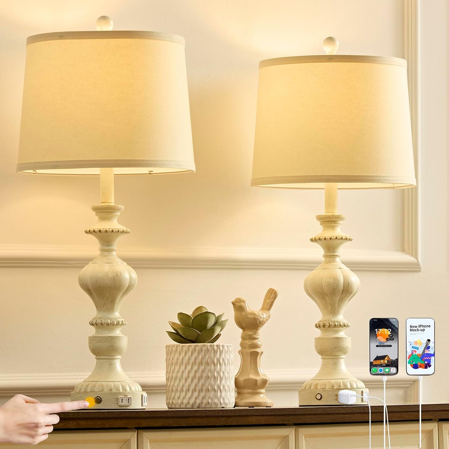 27.5 Farmhouse Table Lamps Set of 2 with USB Ports for Home