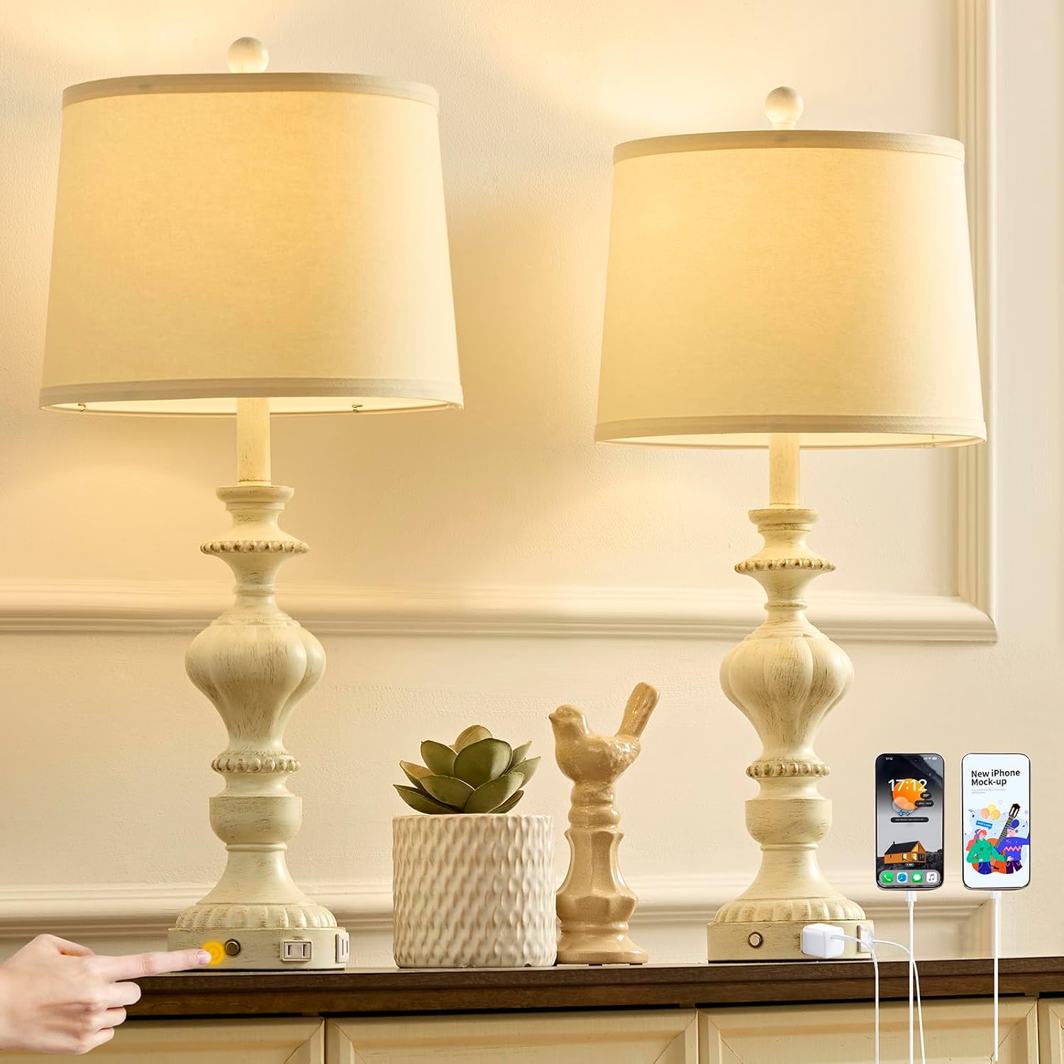 27.5 Farmhouse Table Lamps Set of 2 with USB Ports for Home