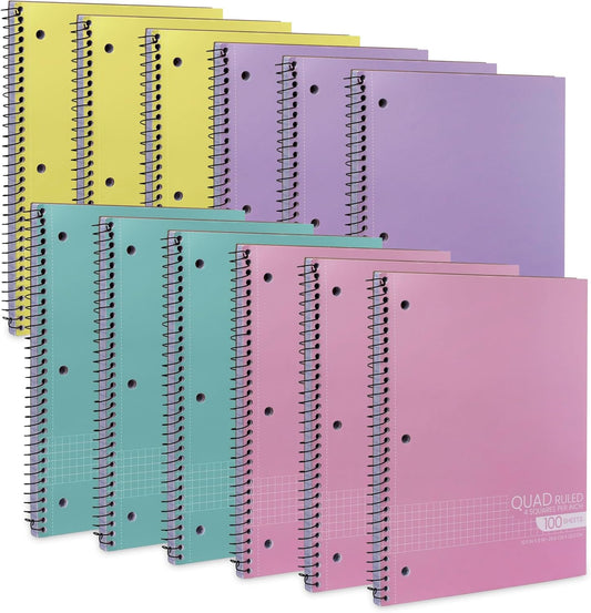 Quad Ruled Spiral Notebooks - 1 Subject - Perforated Pages - Assorted Colors - 12 Pack