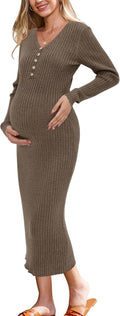 OUGES Women's Wool Blend 2025 Maternity Sweater Dress V Neck Slim Midi