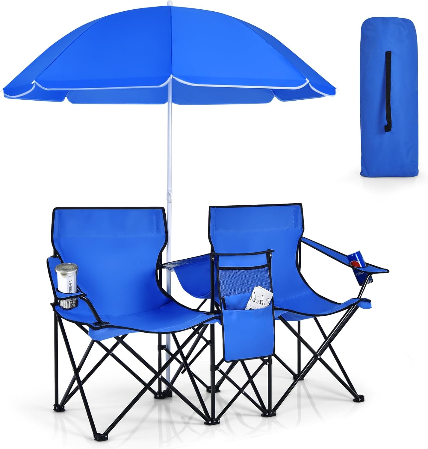 KOTEK Double Camping Chair with Umbrella and Cooler Bag