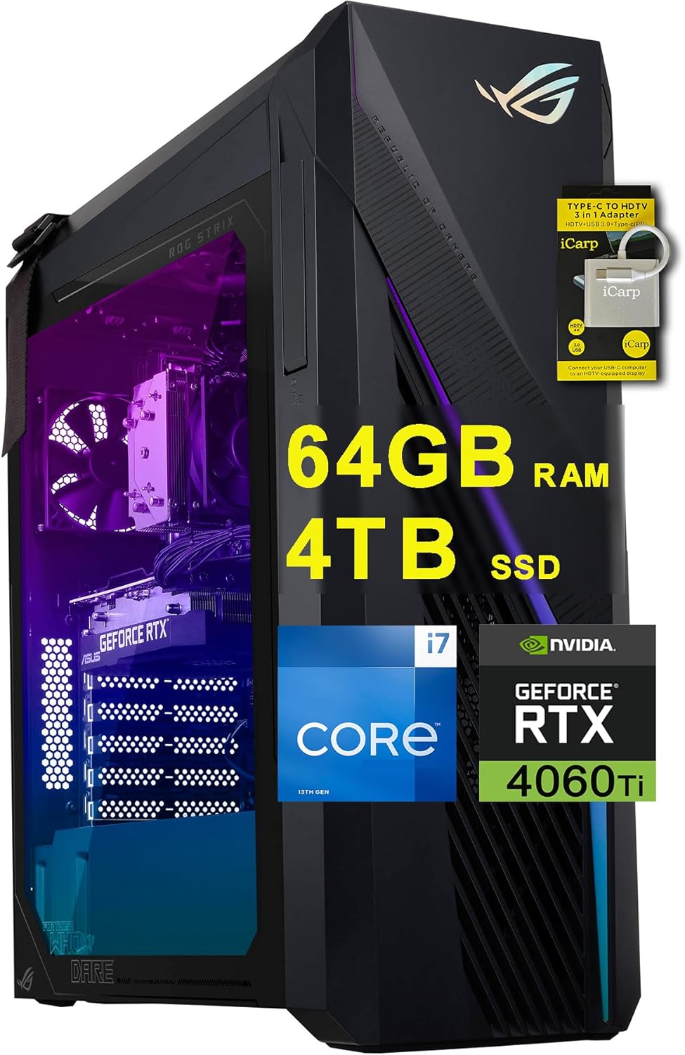 ASUS ROG Strix Gaming Desktop: Intel 16-core i7, 64GB RAM, 4TB SSD, RTX 4060 Ti