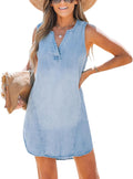 Denim Mini Dress V Neck Sleeveless Casual Summer Outfit - Flowy Fit