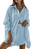 Women Summer 2 Piece Linen Button Down Shirt and Shorts Set - Casual