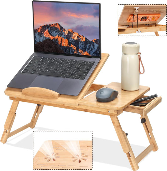 Portable Bamboo Lap Desk - Adjustable, Cooling Fan, Tilting Top