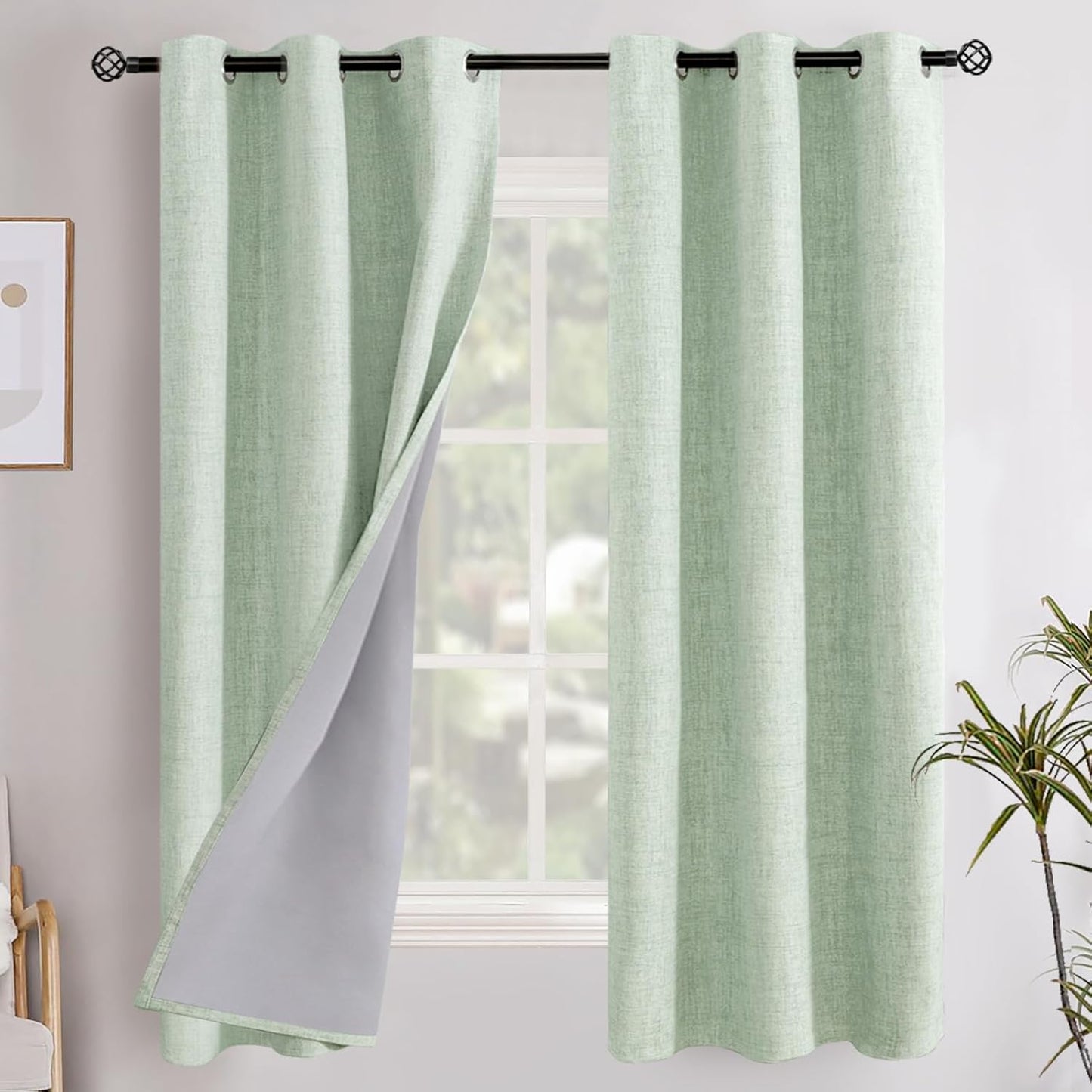 YoungsTex Sage Green Linen Blackout Curtains for Bedroom