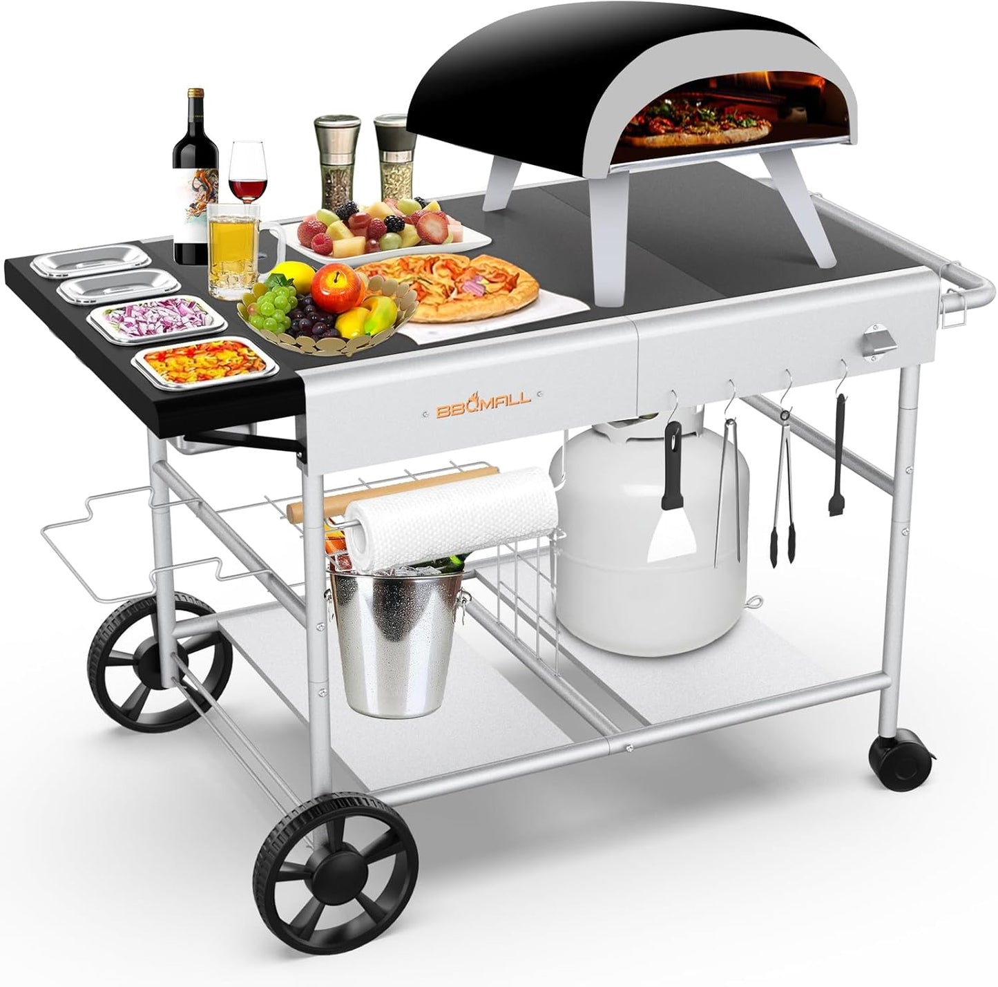Pizza Oven Table Grill Cart with Topping Station for Outdoor Use