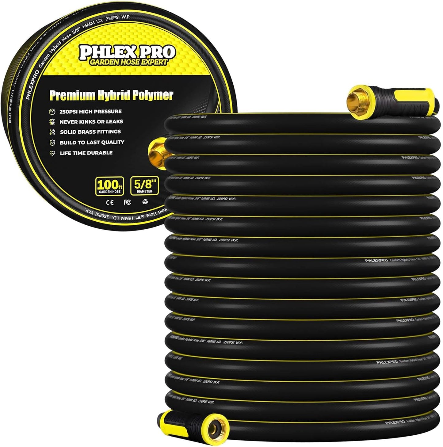 Garden Hose 100FT - PHLEX PRO Heavy-Duty Rubber Water Hose