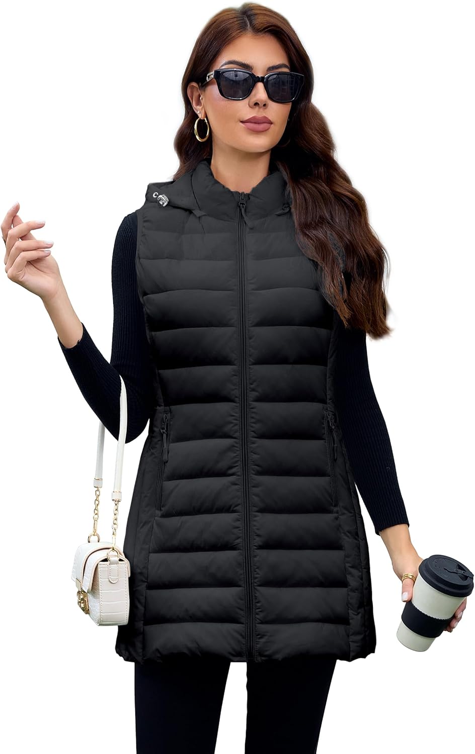 Long Puffer Vest for Women with Hood - Lightweight & Packable