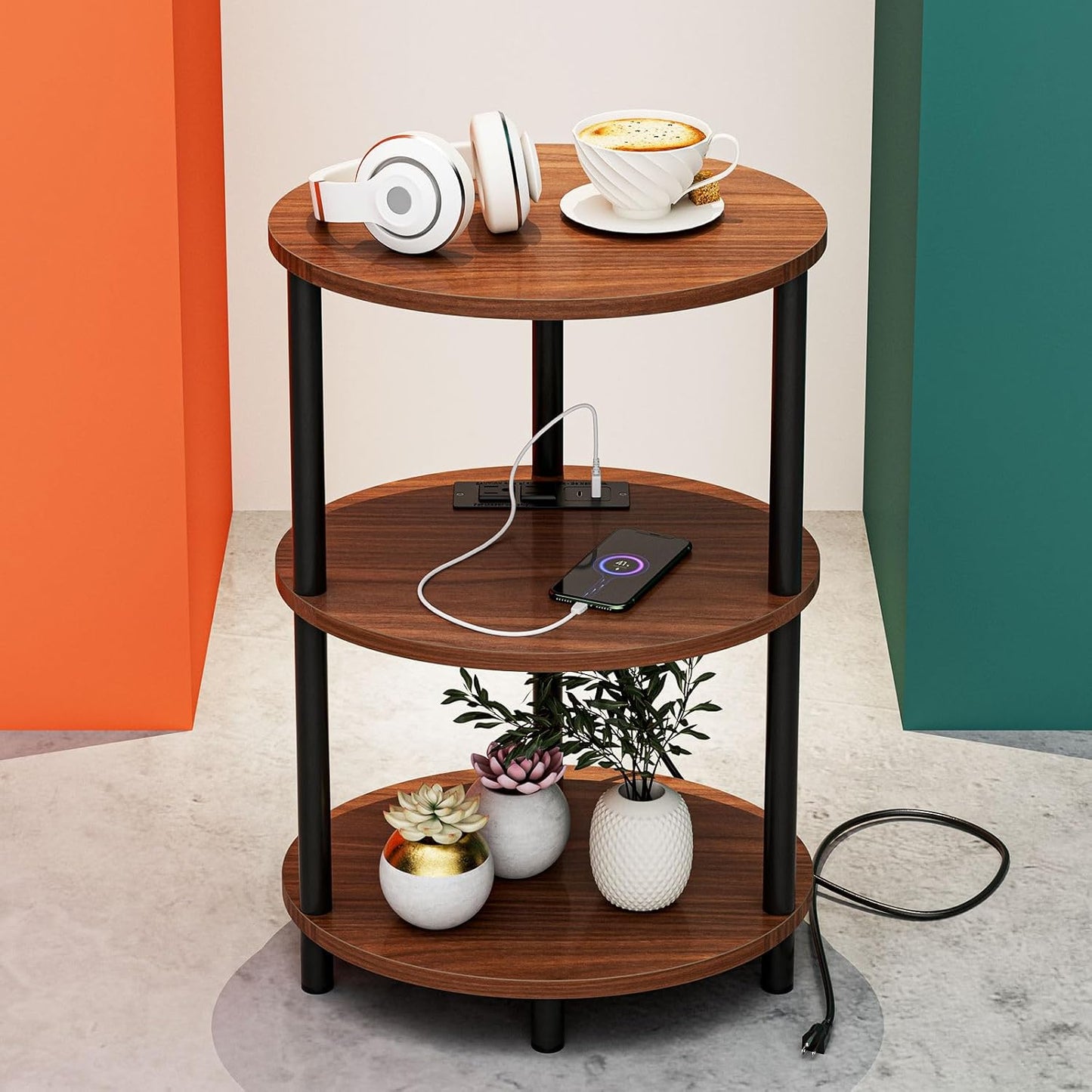 Small Round Side Table with USB Ports for Living Room Use