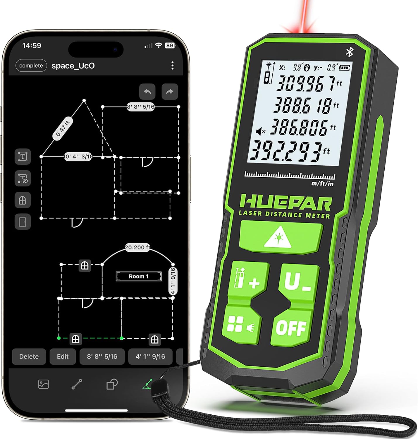 Huepar Laser Distance Measure 395Ft with Bluetooth & Angle Sensor