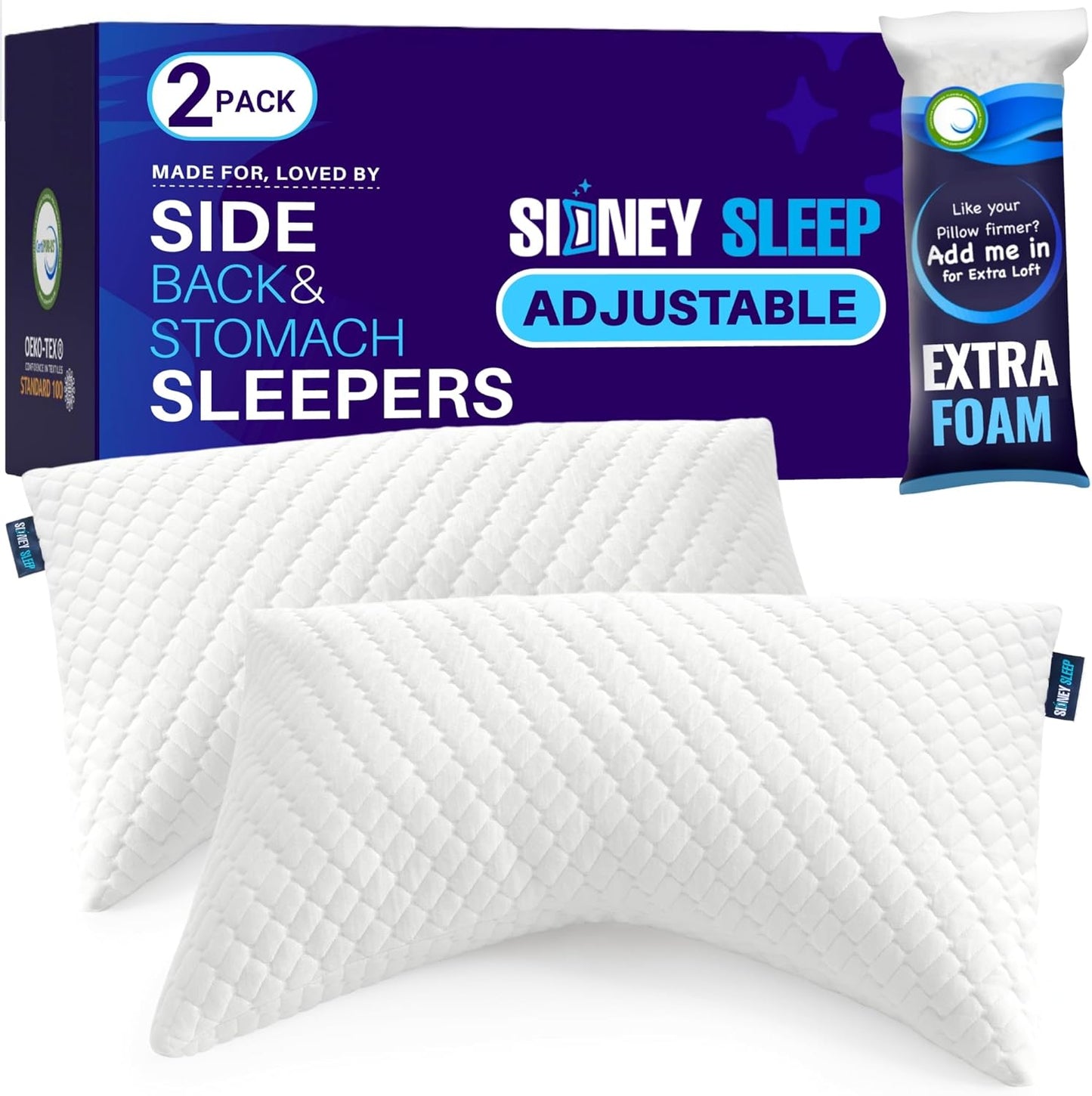 Sidney Sleep Set of 2 Queen Size Adjustable Memory Foam Pillows